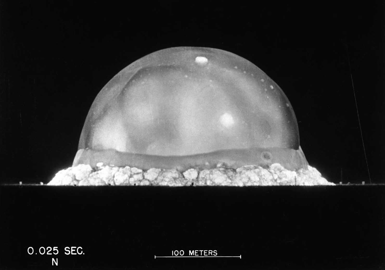 Fireball produced by the Trinity test, the world's first nuclear bomb, 1945, 0.025 seconds after detonation.