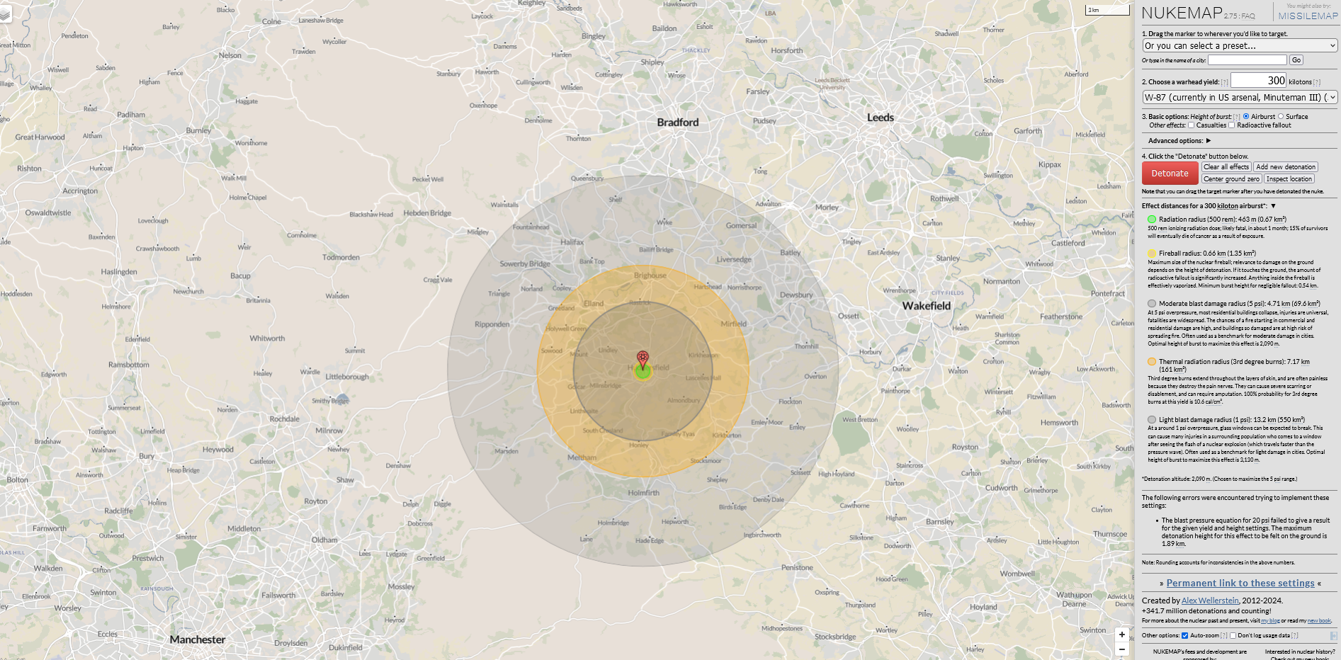 Holmfirth survives major destruction from a 300 kiloton air-burst nuclear explosion over Huddersfield