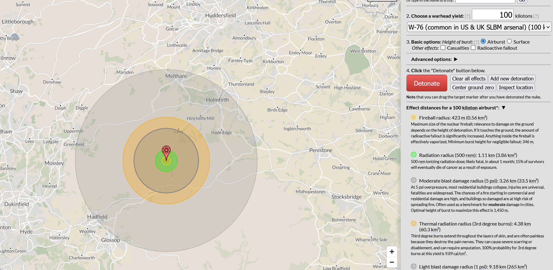 Holmfirth survives major destruction from a 100 kiloton air-burst nuclear explosion over Holme Moss