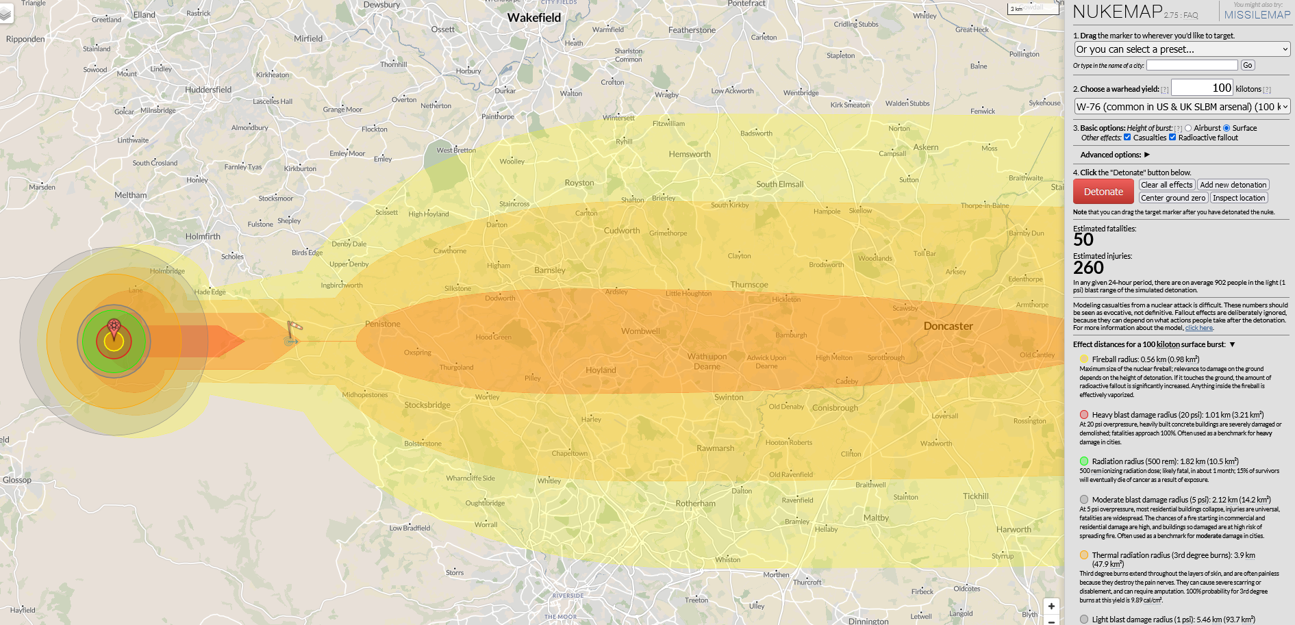 Holmfirth survives major destruction from a 100 kiloton surface-burst nuclear explosion over Holme Moss.