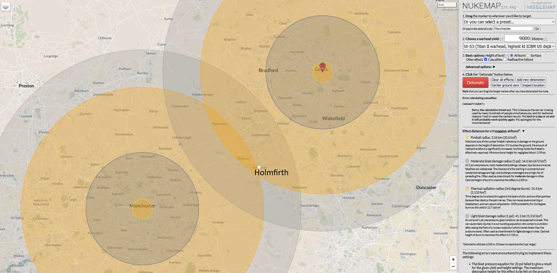 9 megaton air burst detonation over the centres of Manchester and Leeds