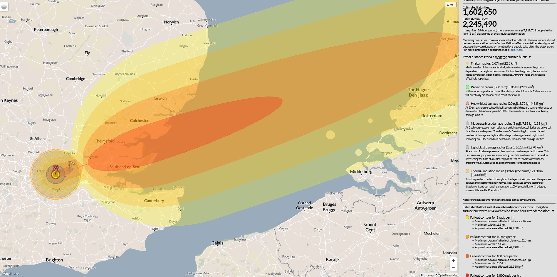 Simulation of a 5 megaton nuclear surface burst over central London