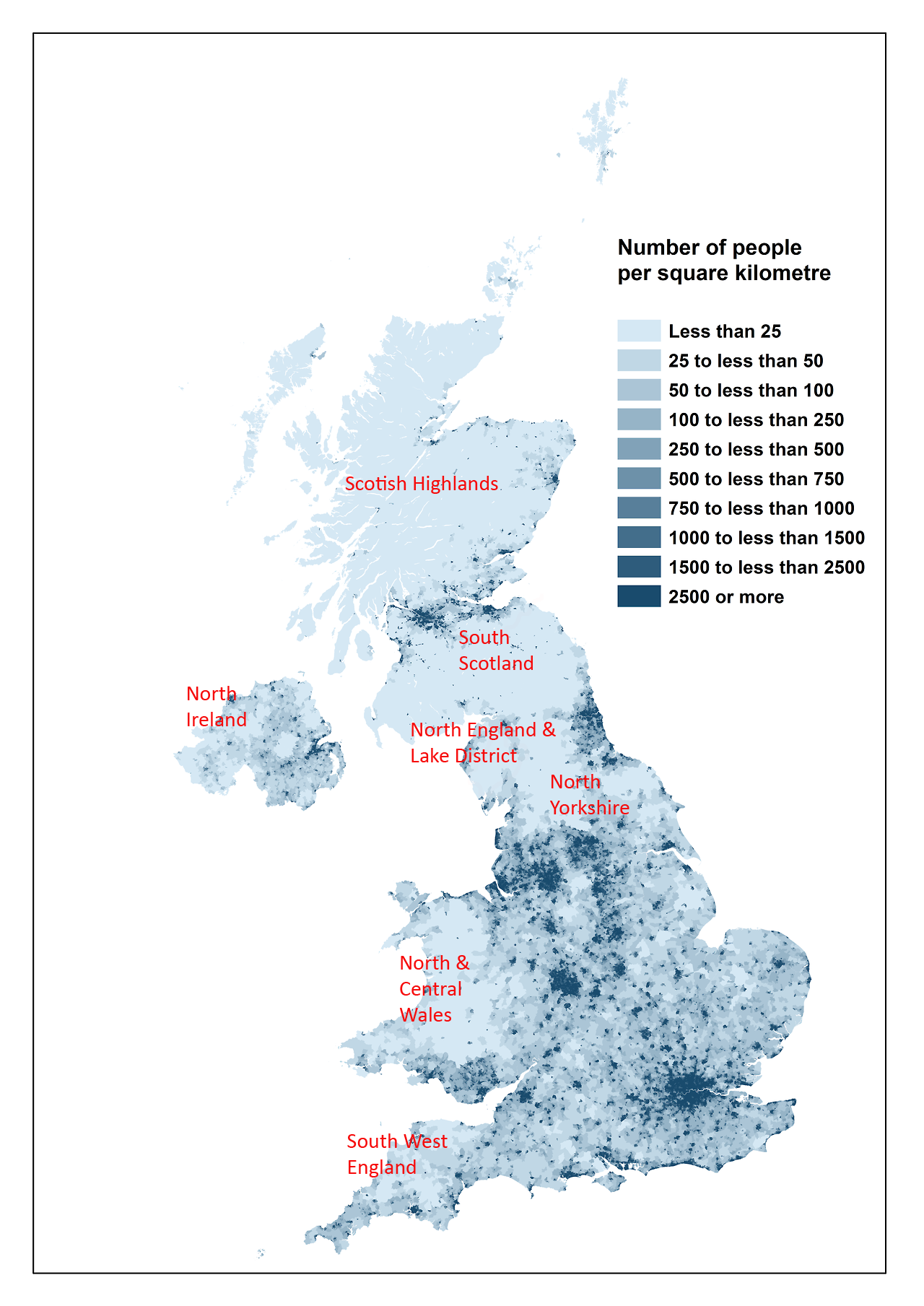 Population density in the UK with some possible survival areas highlighted